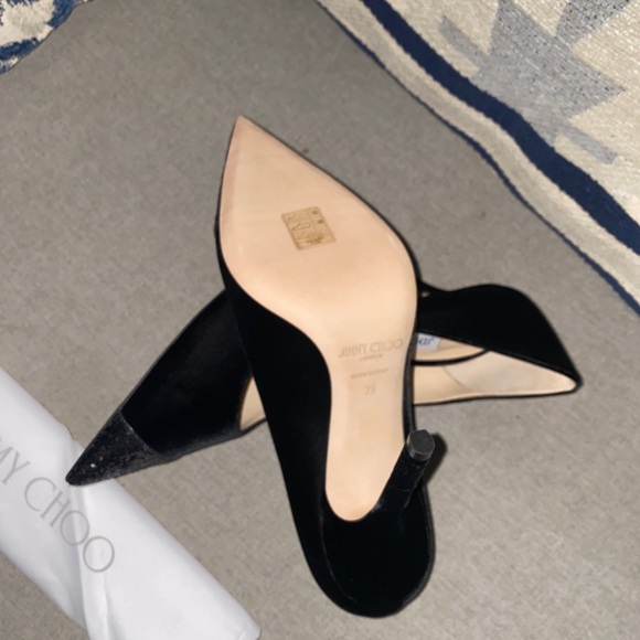 Jimmy Choo love 100 heel asymmetric velvet/glitter black pumps NWT 39/9